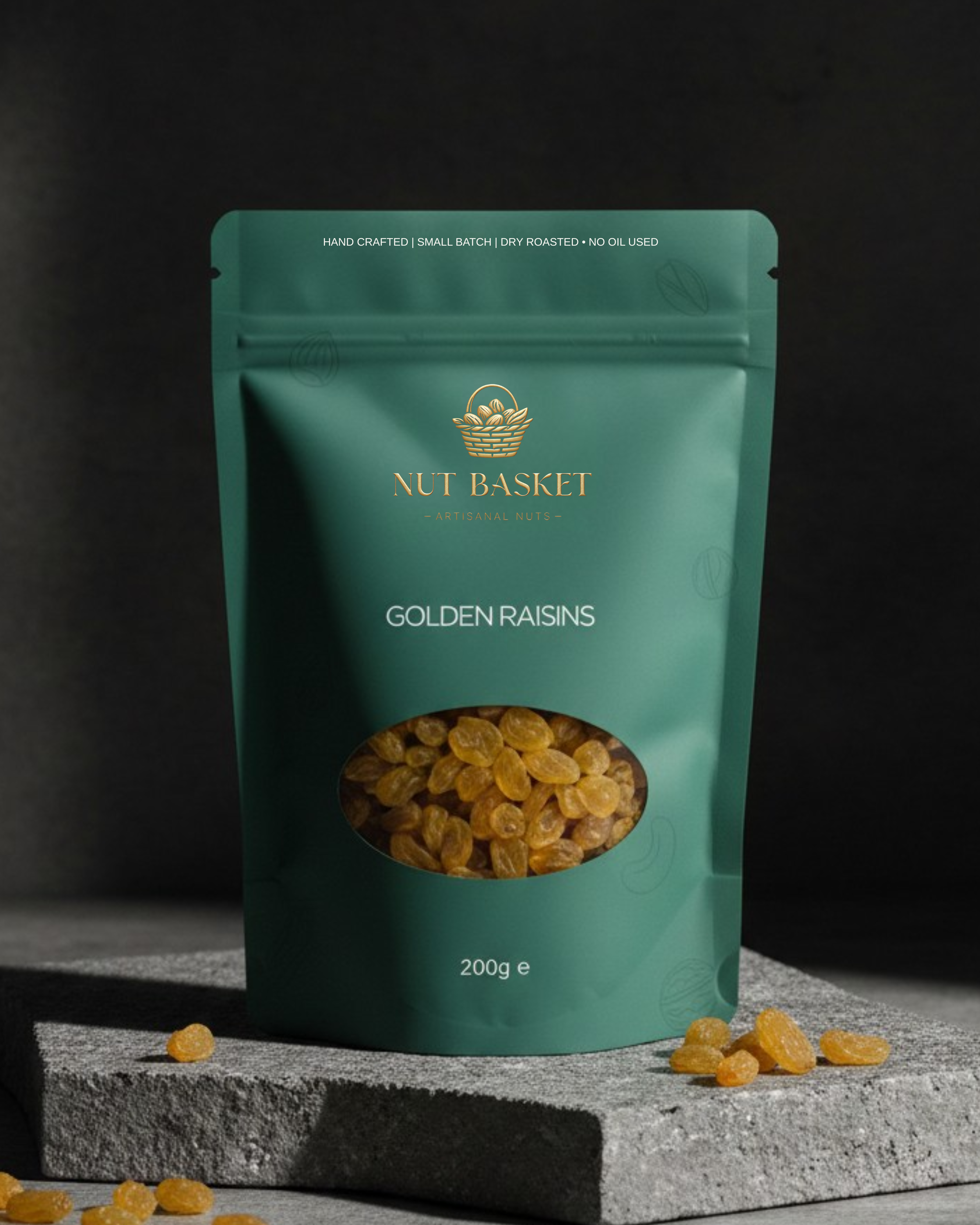Green package of Nut Basket Golden Raisins on a dark background