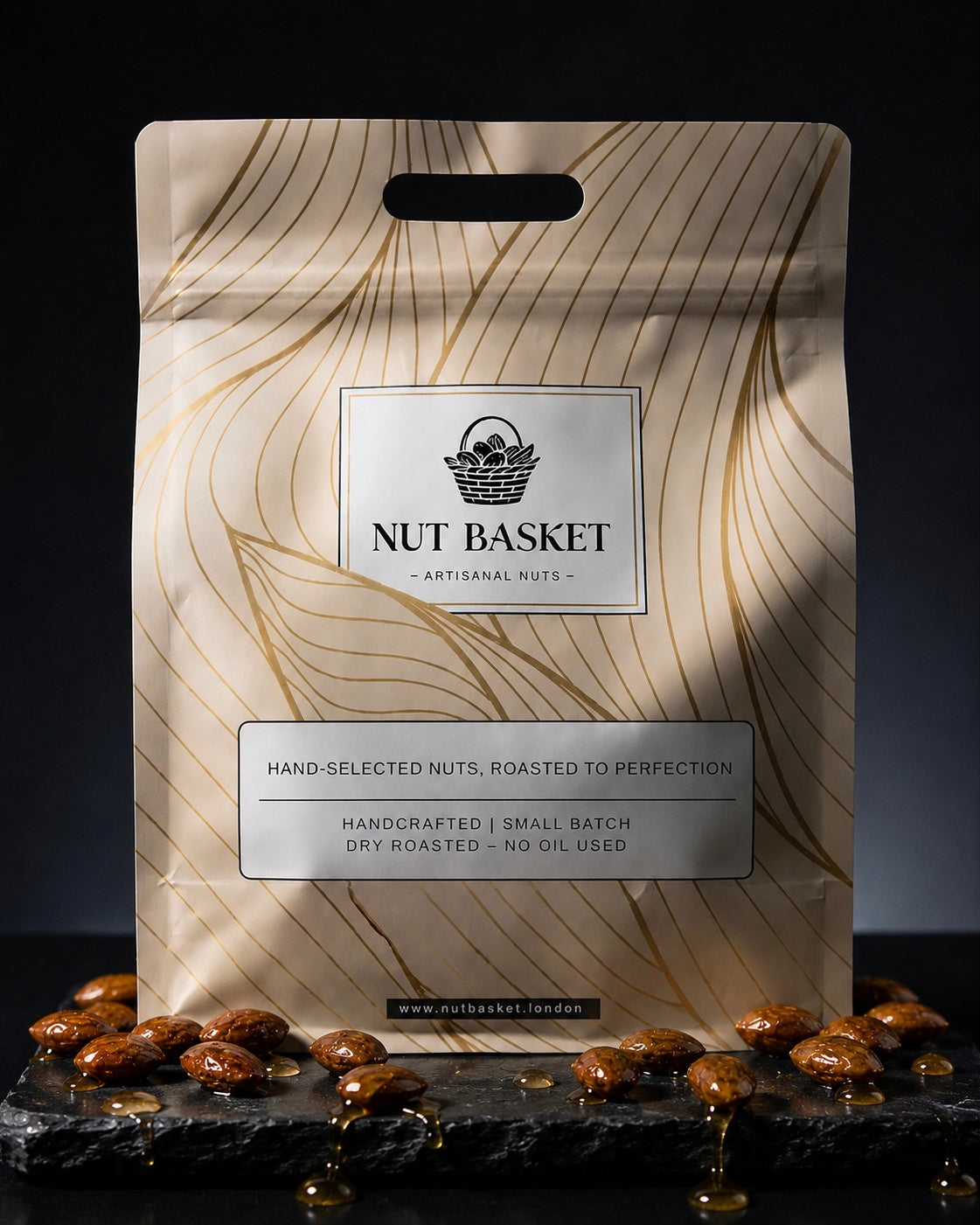Nut Basket packaging with roasted nuts on a dark background