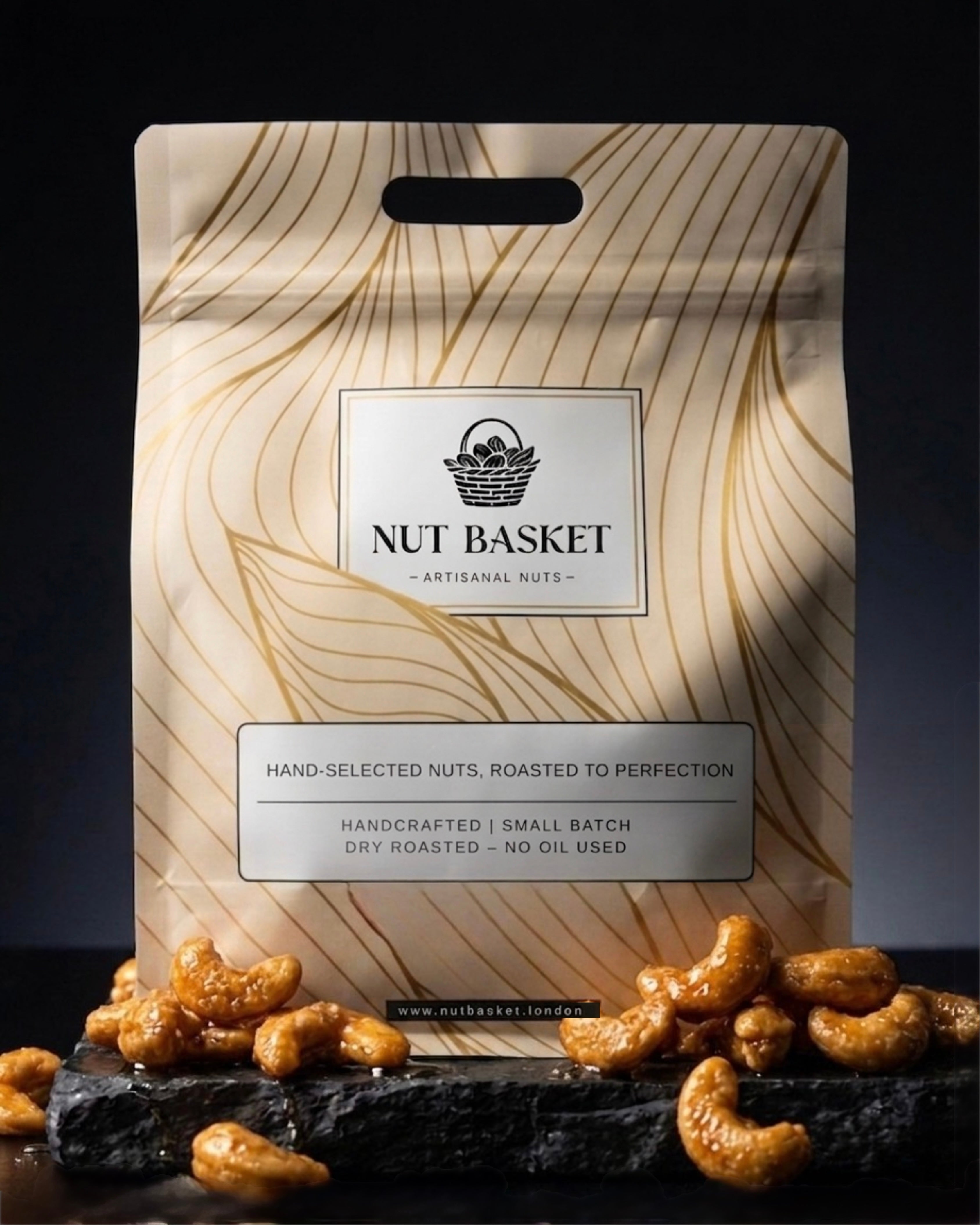 Nut Basket packaging with cashews on a dark surface
