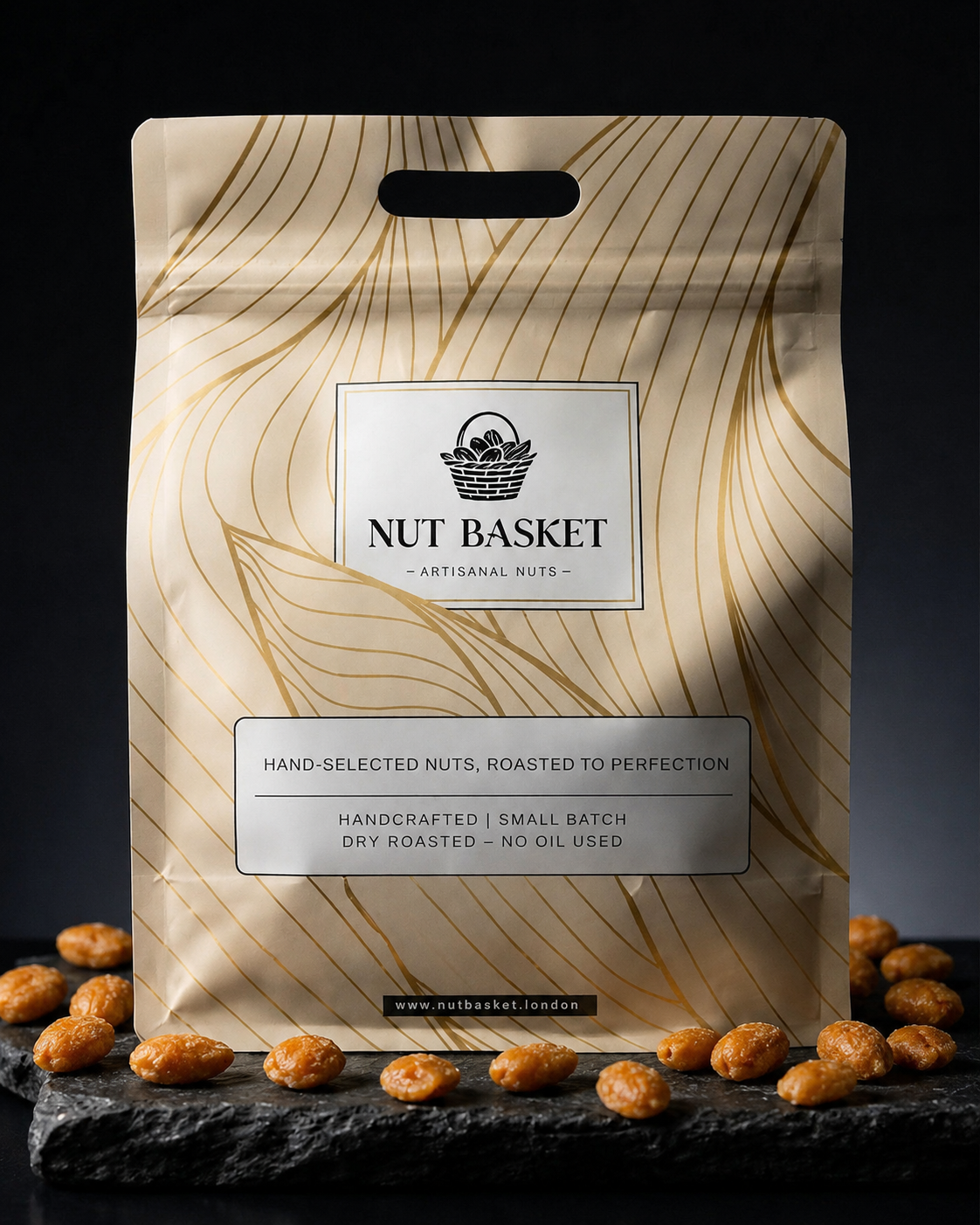 Nut Basket packaging with roasted nuts on a dark background