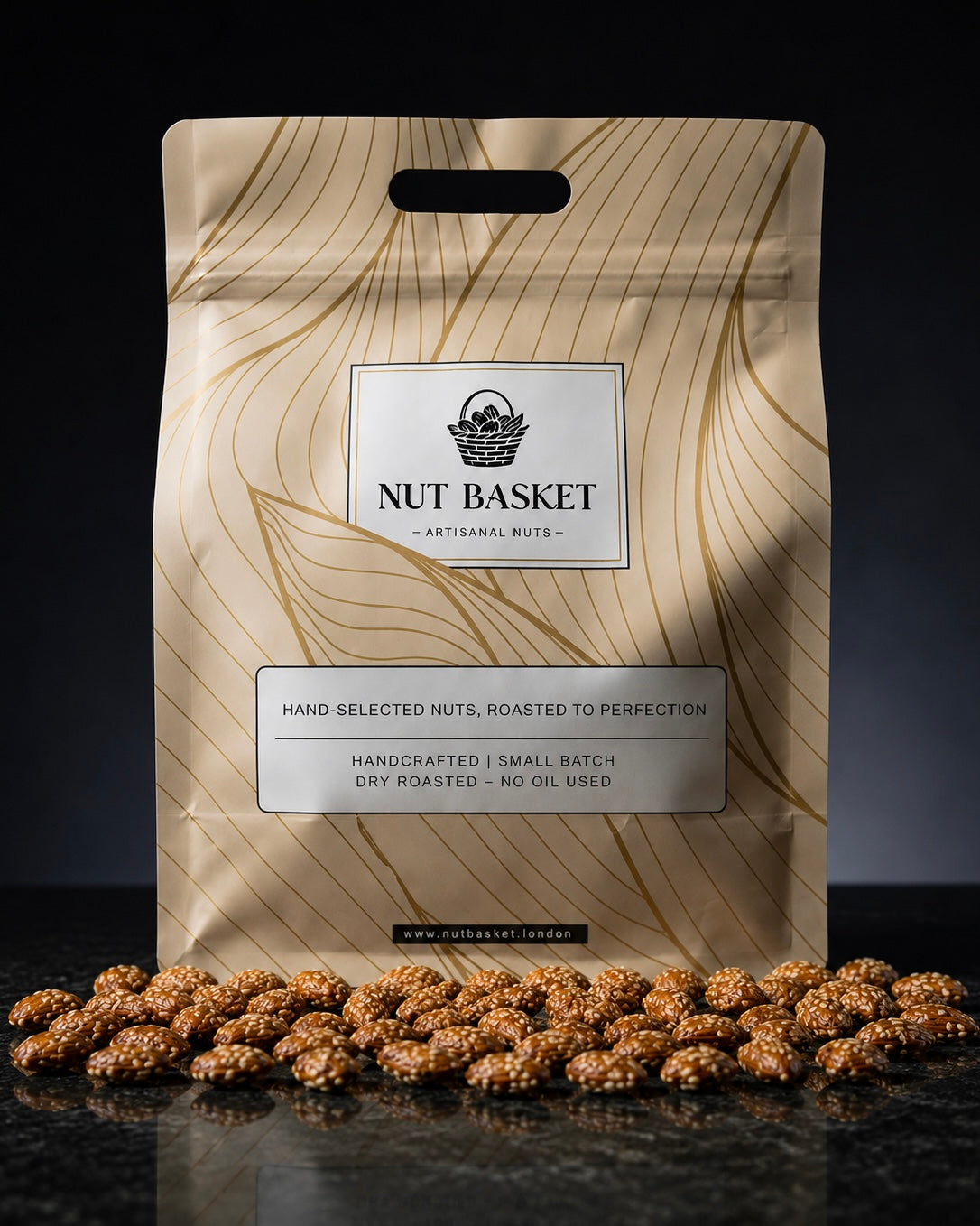 NUT BASKET packaging with roasted nuts on a dark background