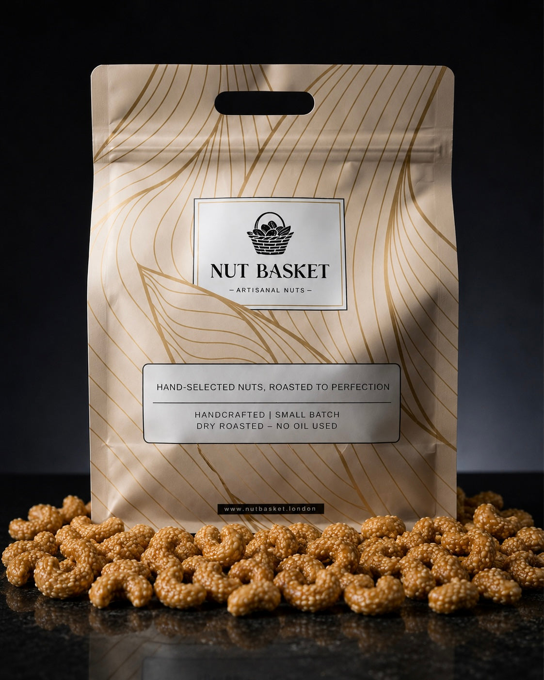 Nut Basket packaging with roasted nuts on a dark background