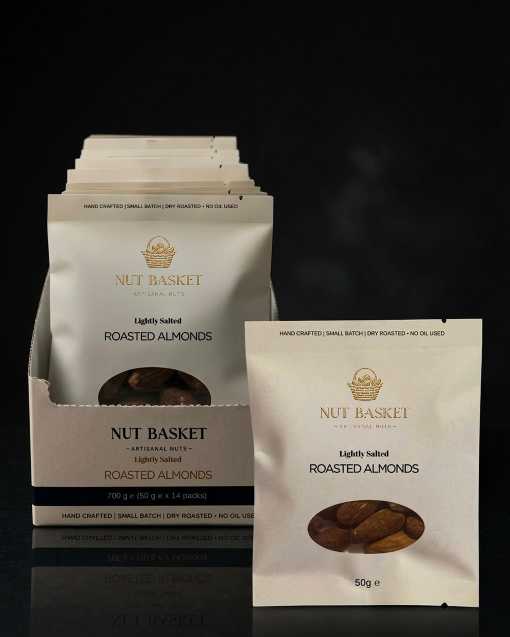 NUT BASKET roasted almonds packaging on a dark background