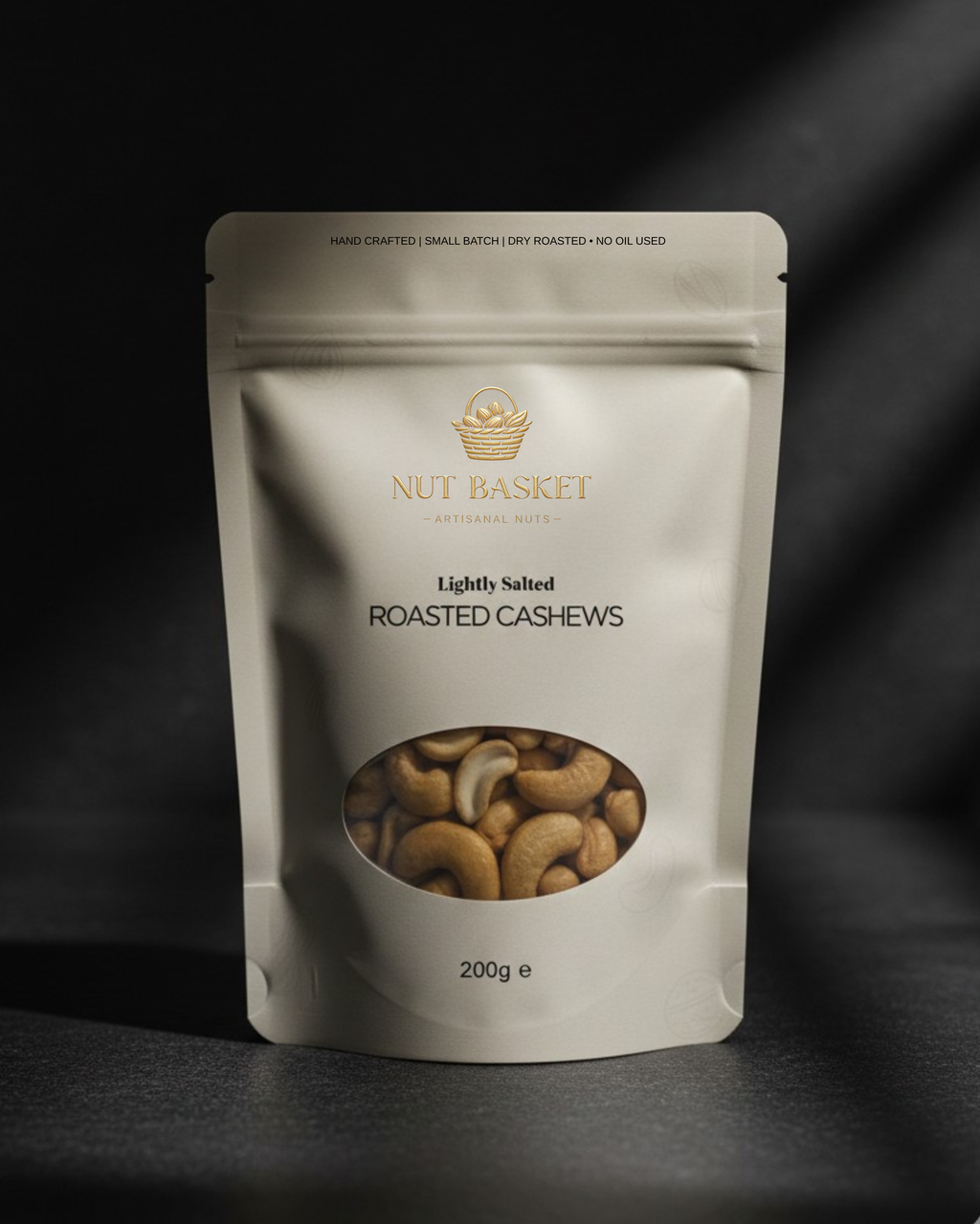 Package of Nut Basket roasted cashews on a dark background