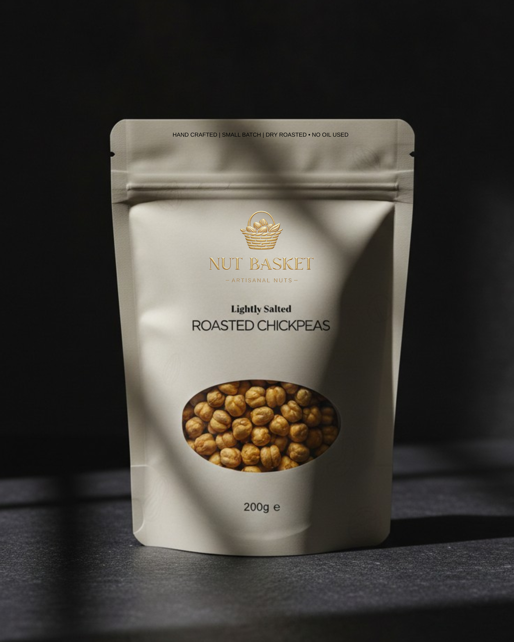Package of Nut Basket roasted chickpeas on a dark background