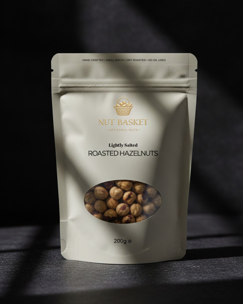 Package of Nut Basket roasted hazelnuts on a dark background
