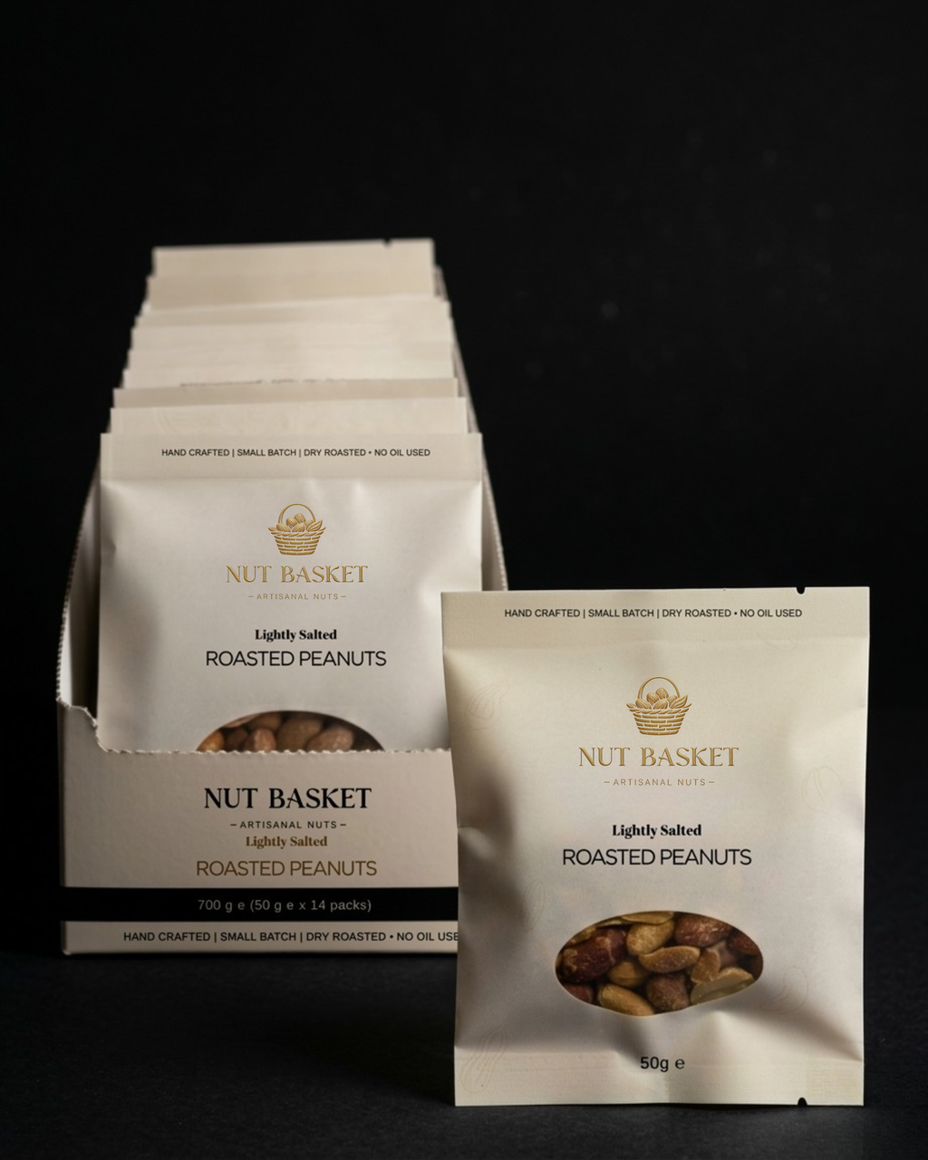 NUT BASKET roasted peanuts packaging on a black background