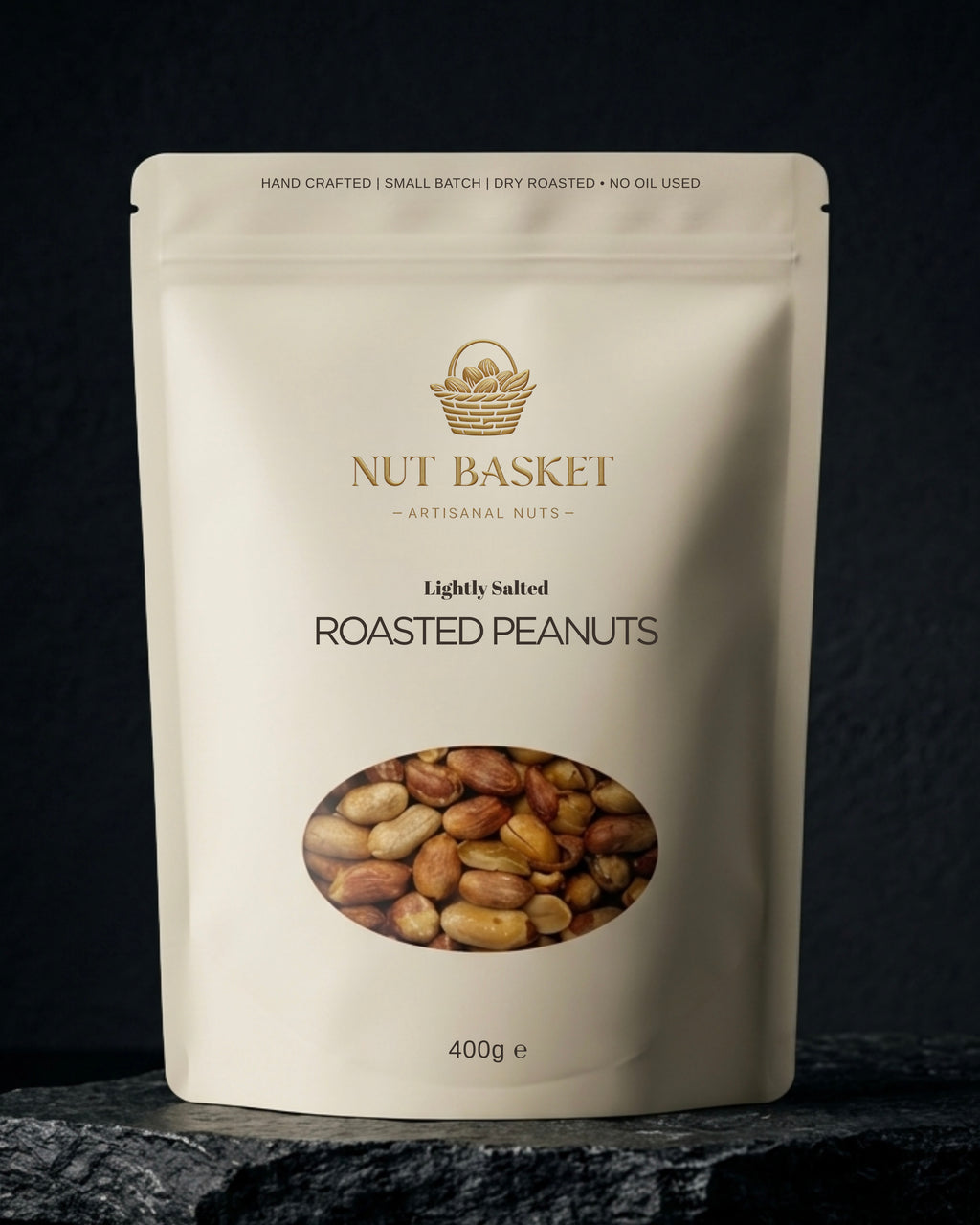 Package of Nut Basket roasted peanuts on a dark background