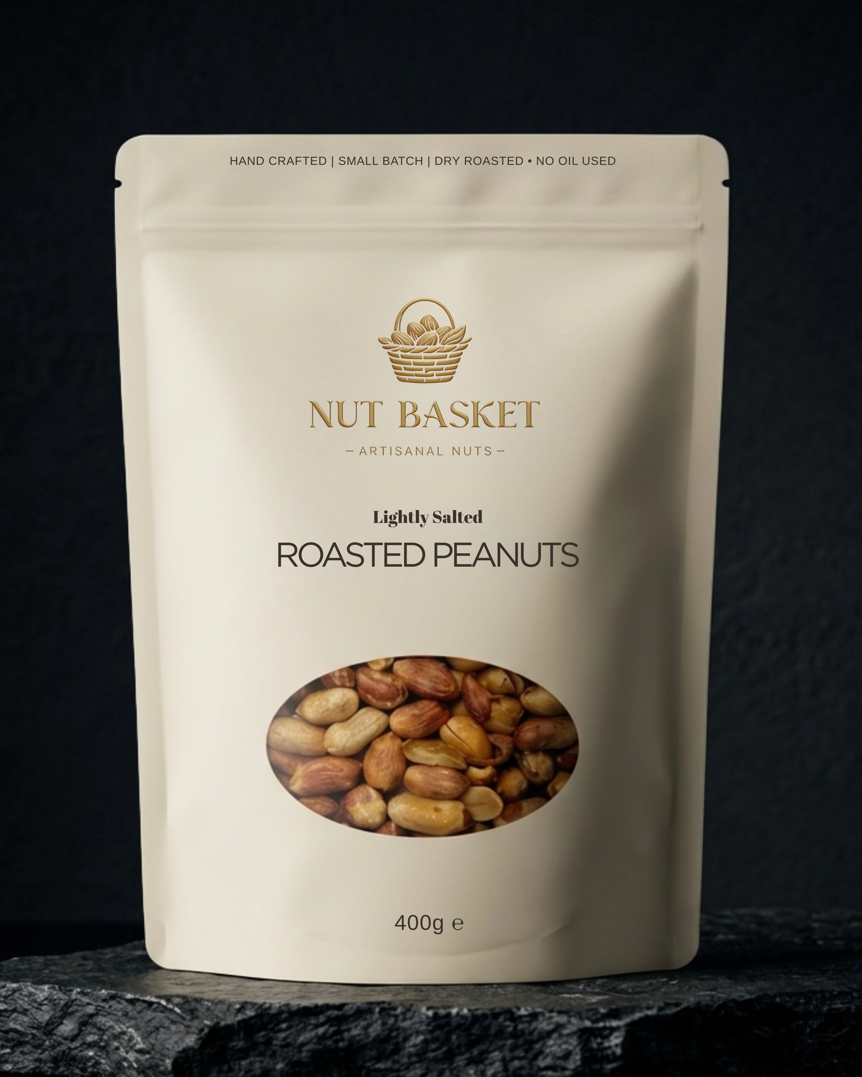 Package of Nut Basket roasted peanuts on a dark background