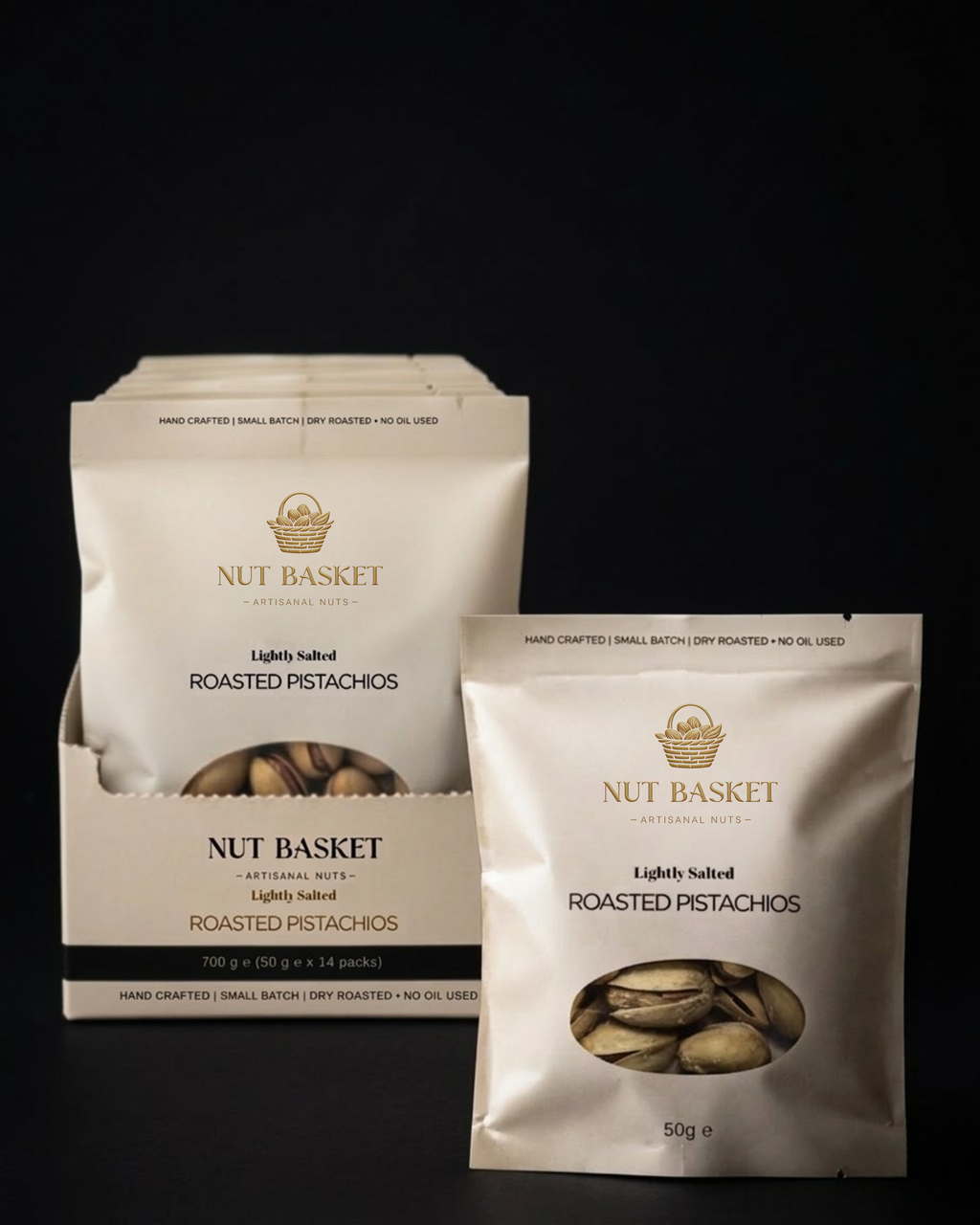 Nut Basket roasted pistachios packaging on a black background