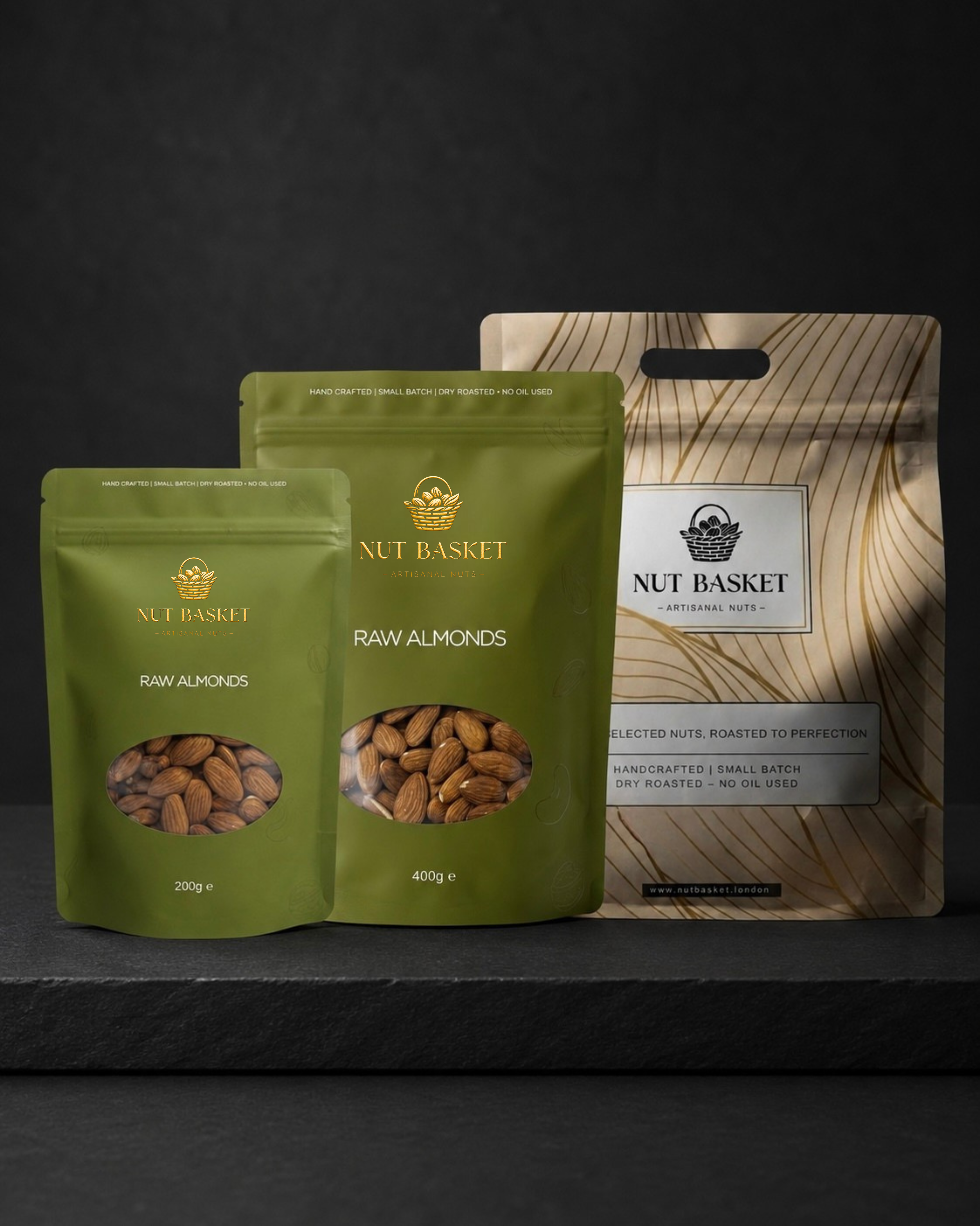 Variety of Nut Basket almond packaging on a dark background