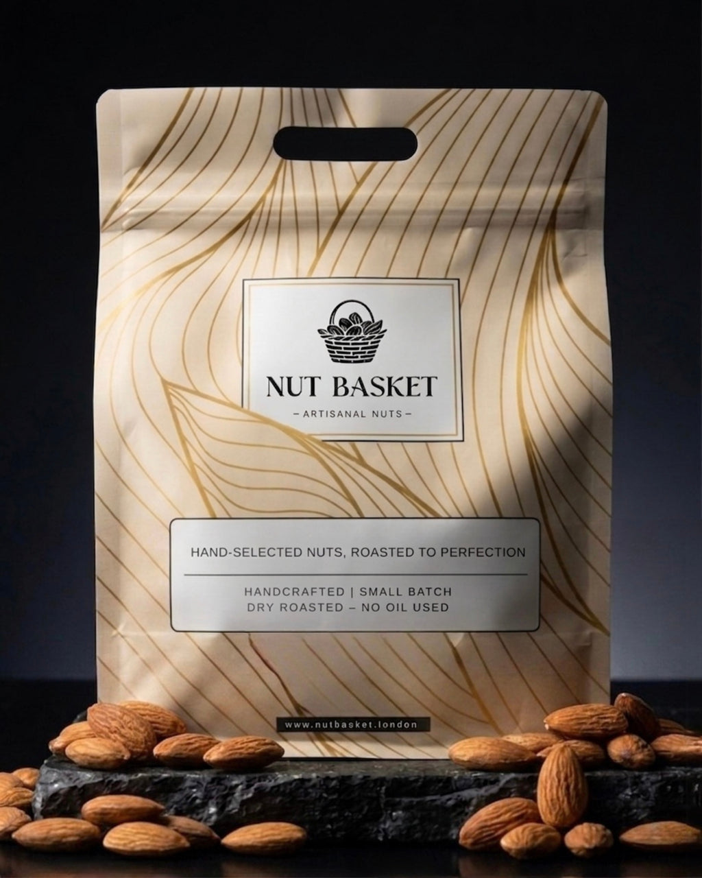 Nut Basket packaging with almonds on a dark background