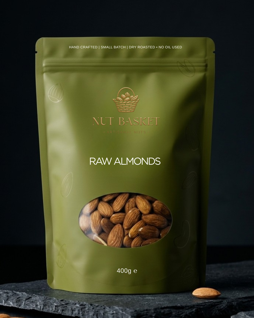 Green package of Nut Basket raw almonds on a dark background
