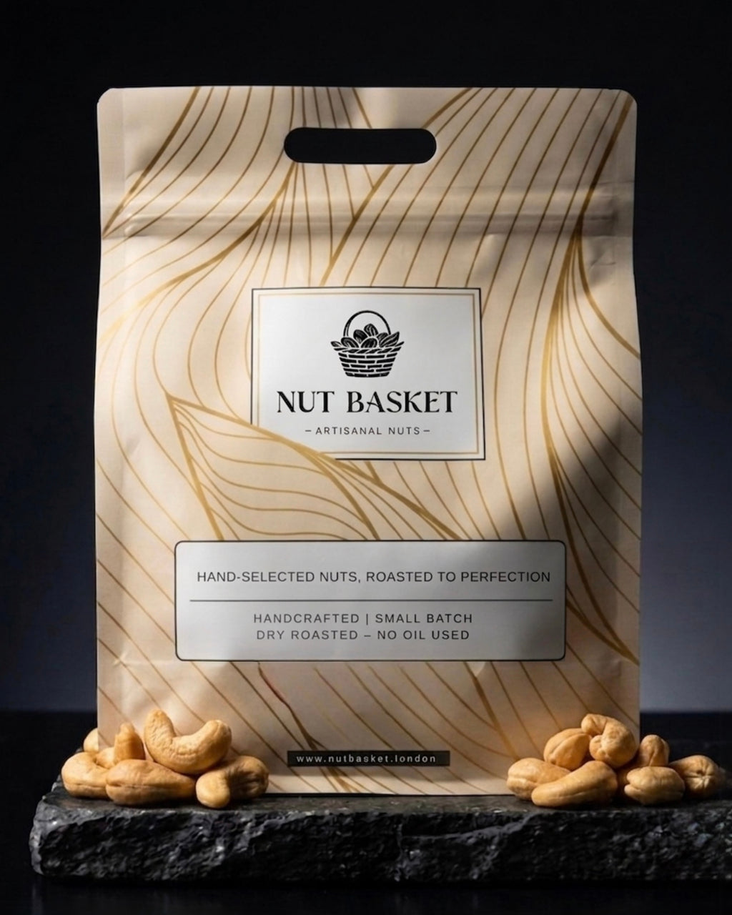 Nut Basket packaging with roasted nuts on a dark background