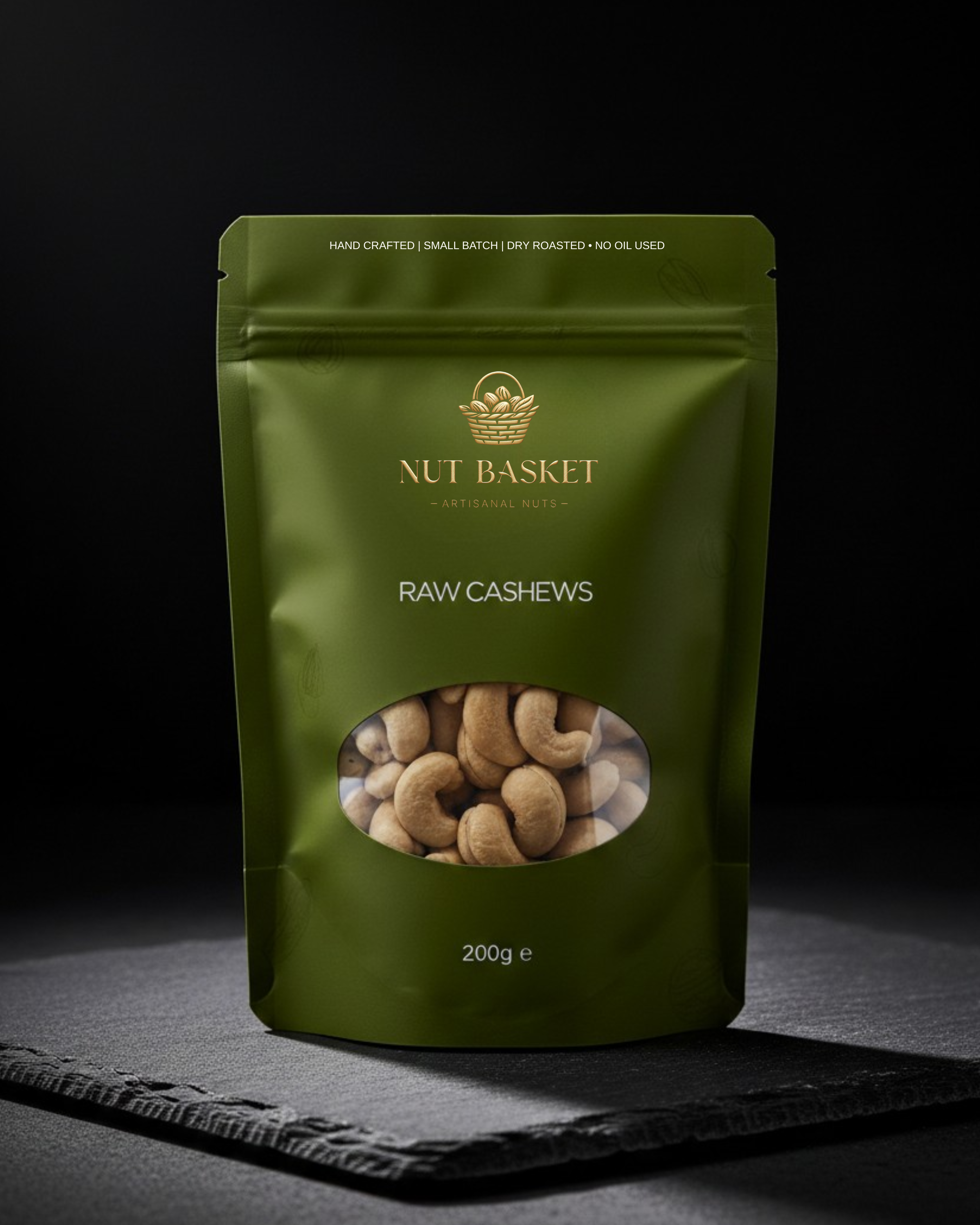 Green package of Nut Basket Raw Cashews on a dark background