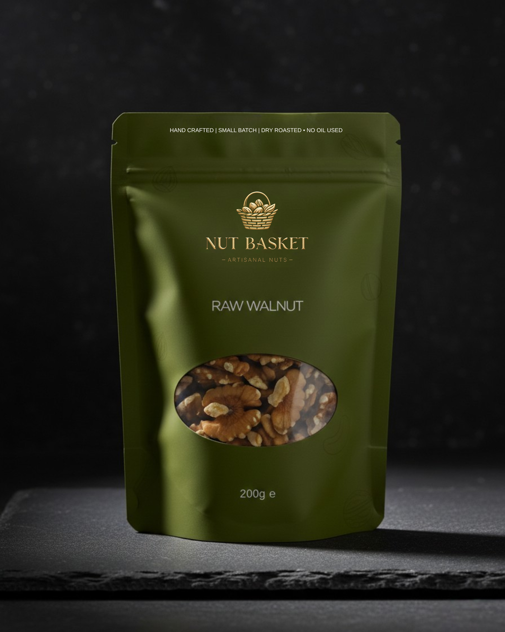 Green package of Nut Basket raw walnuts on a dark background