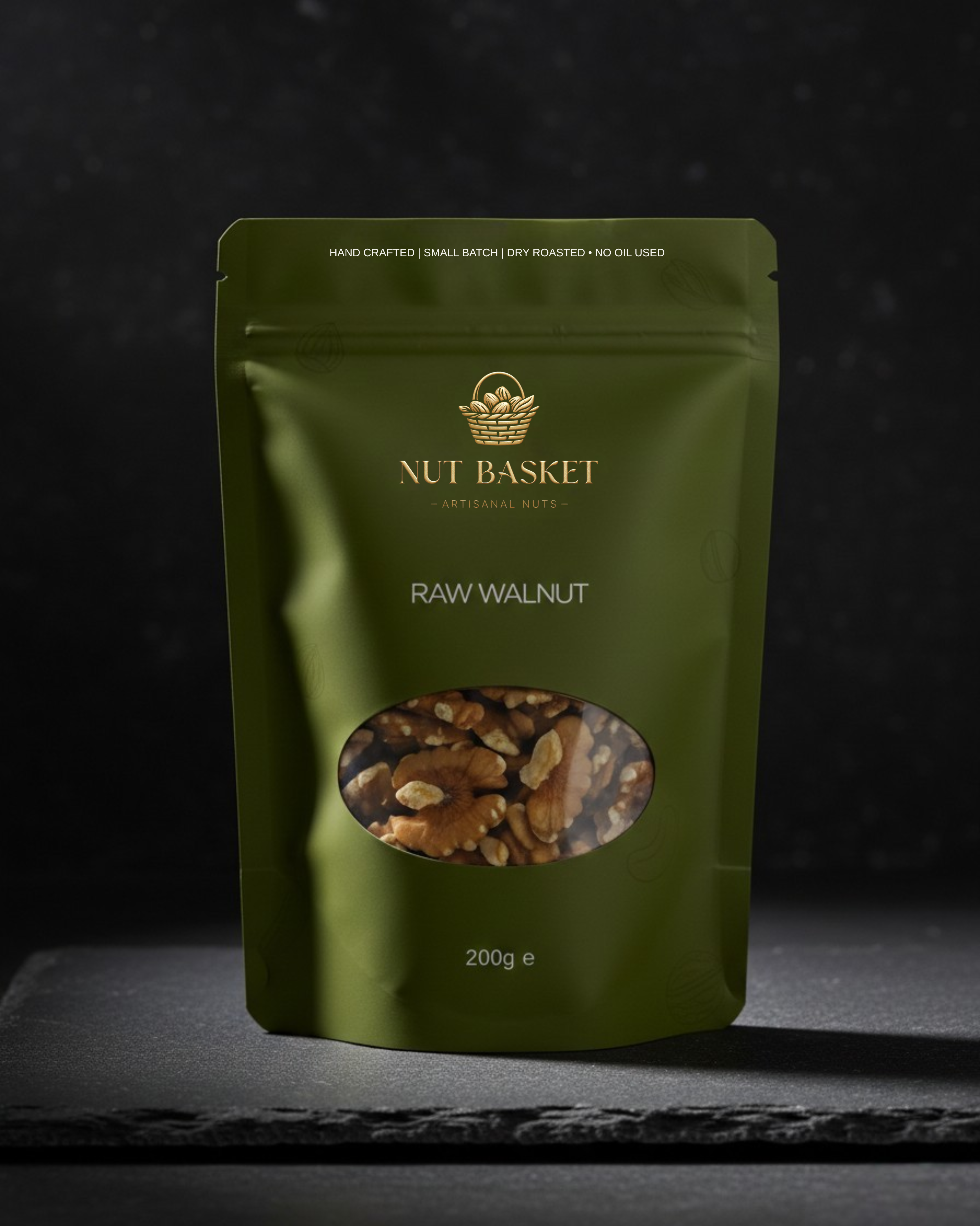 Green package of Nut Basket raw walnuts on a dark background