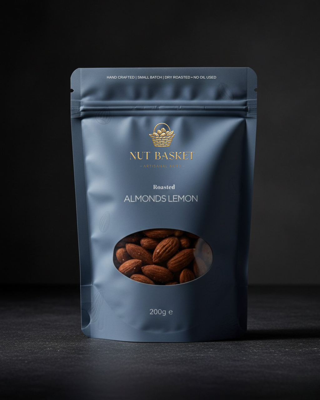NUT BASKET roasted almonds lemon package on a dark background