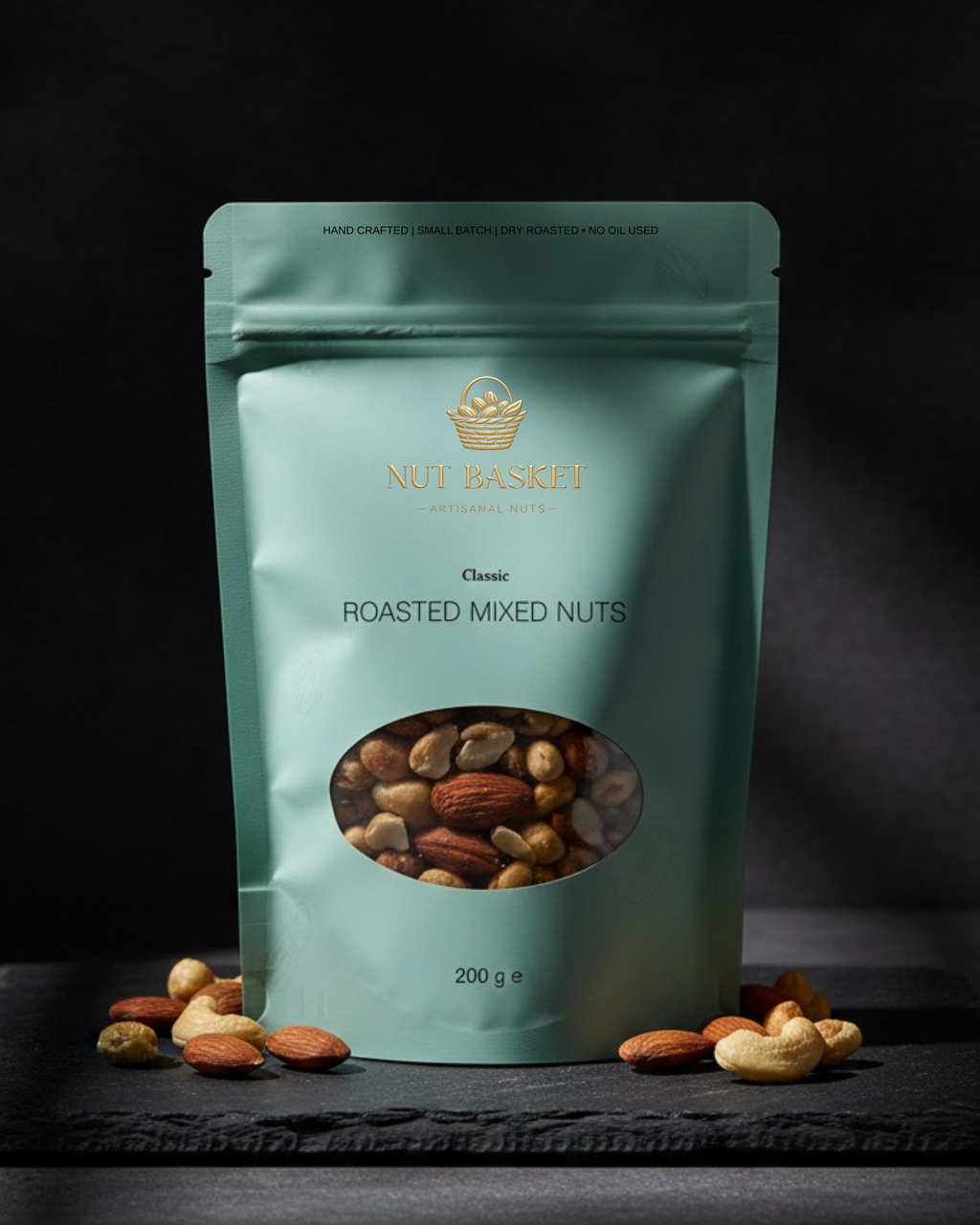Teal package of Nut Basket roasted mixed nuts on a dark background
