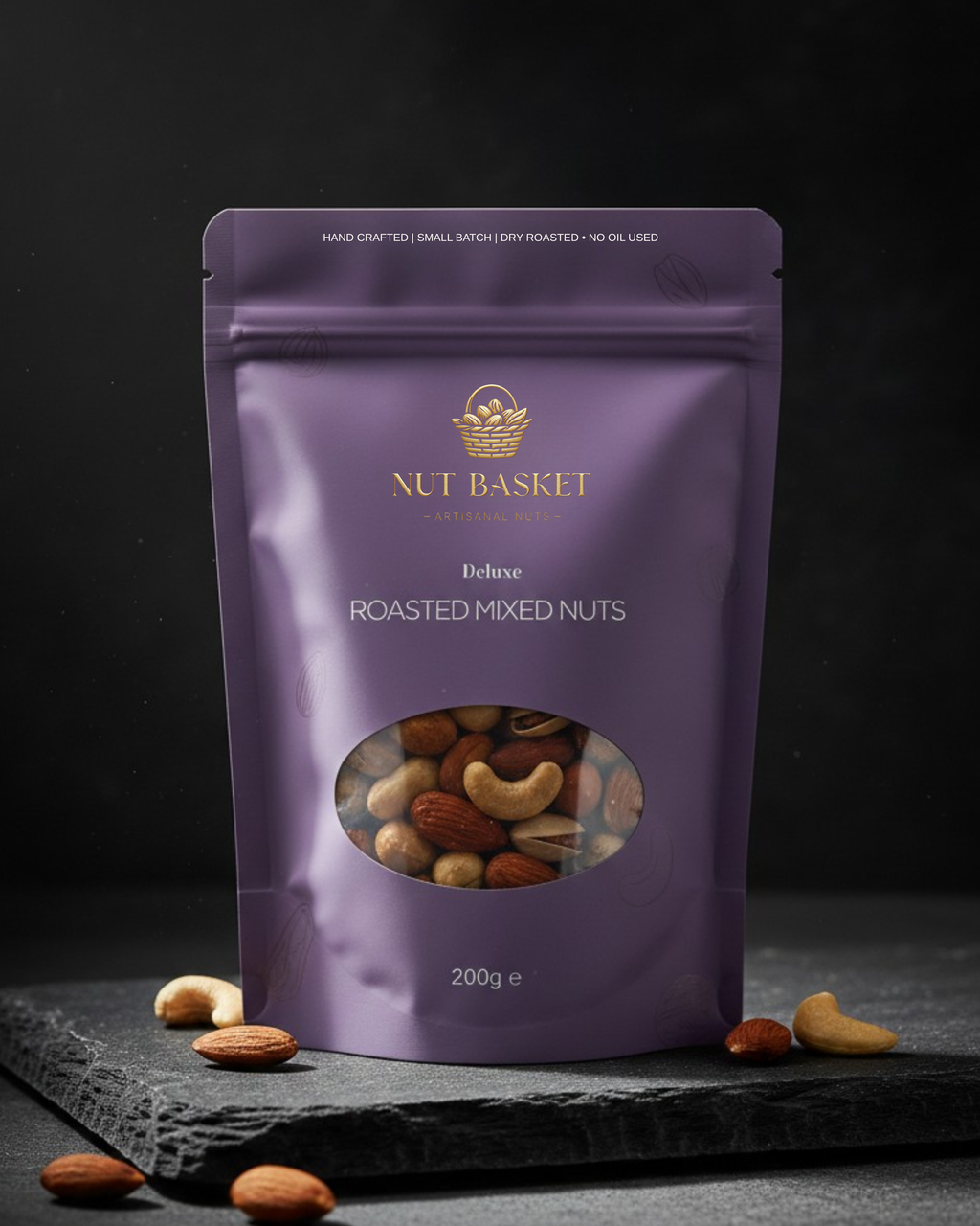 Purple package of Nut Basket roasted mixed nuts on a dark background