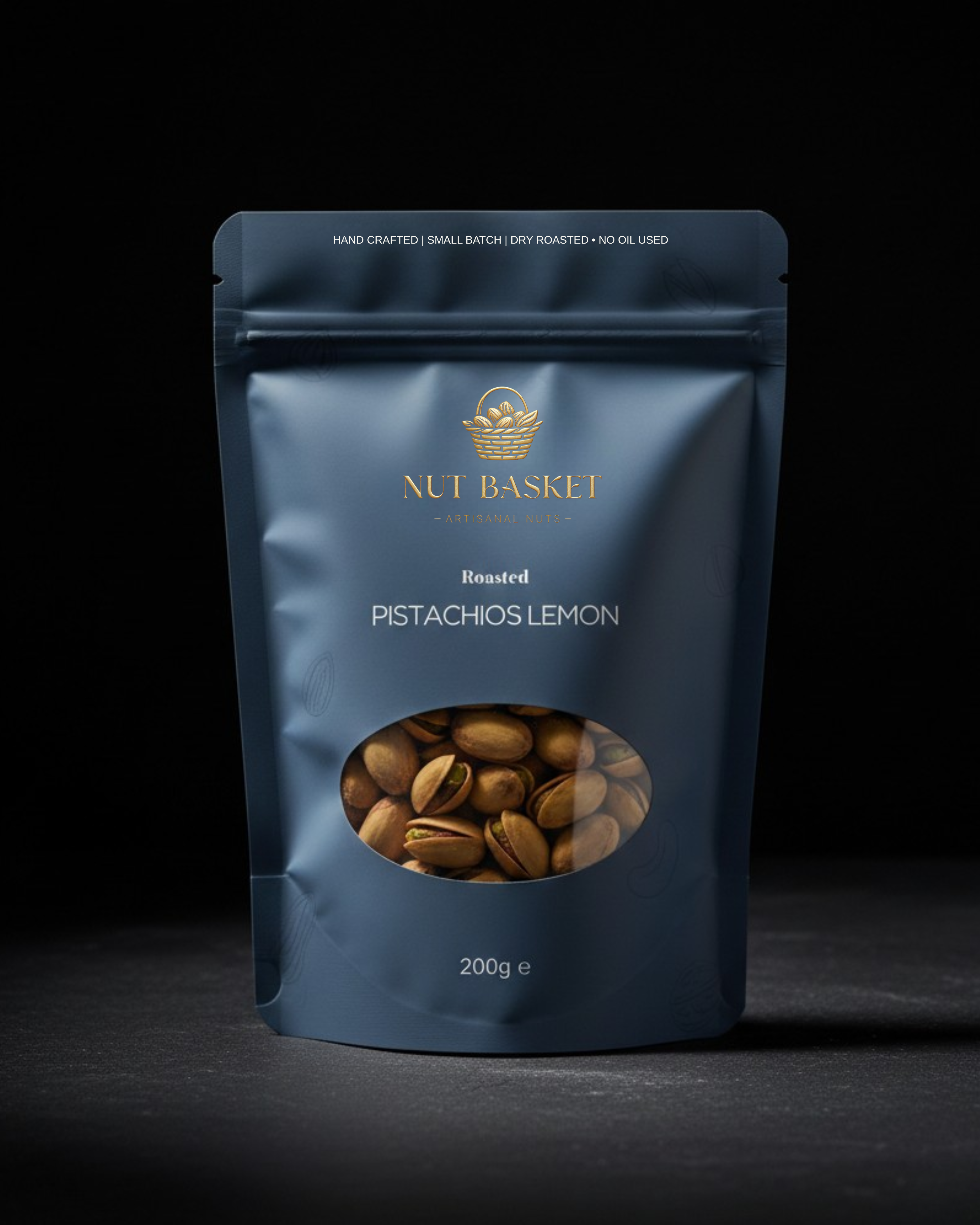 Blue package of Nut Basket roasted pistachios lemon on a dark background