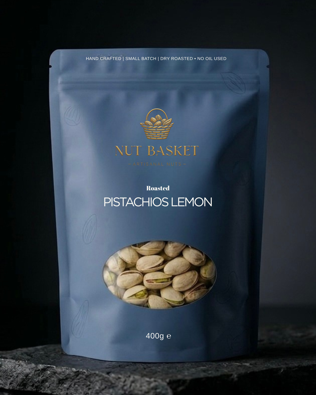 Blue packaging of roasted pistachios lemon by Nut Basket on a dark background