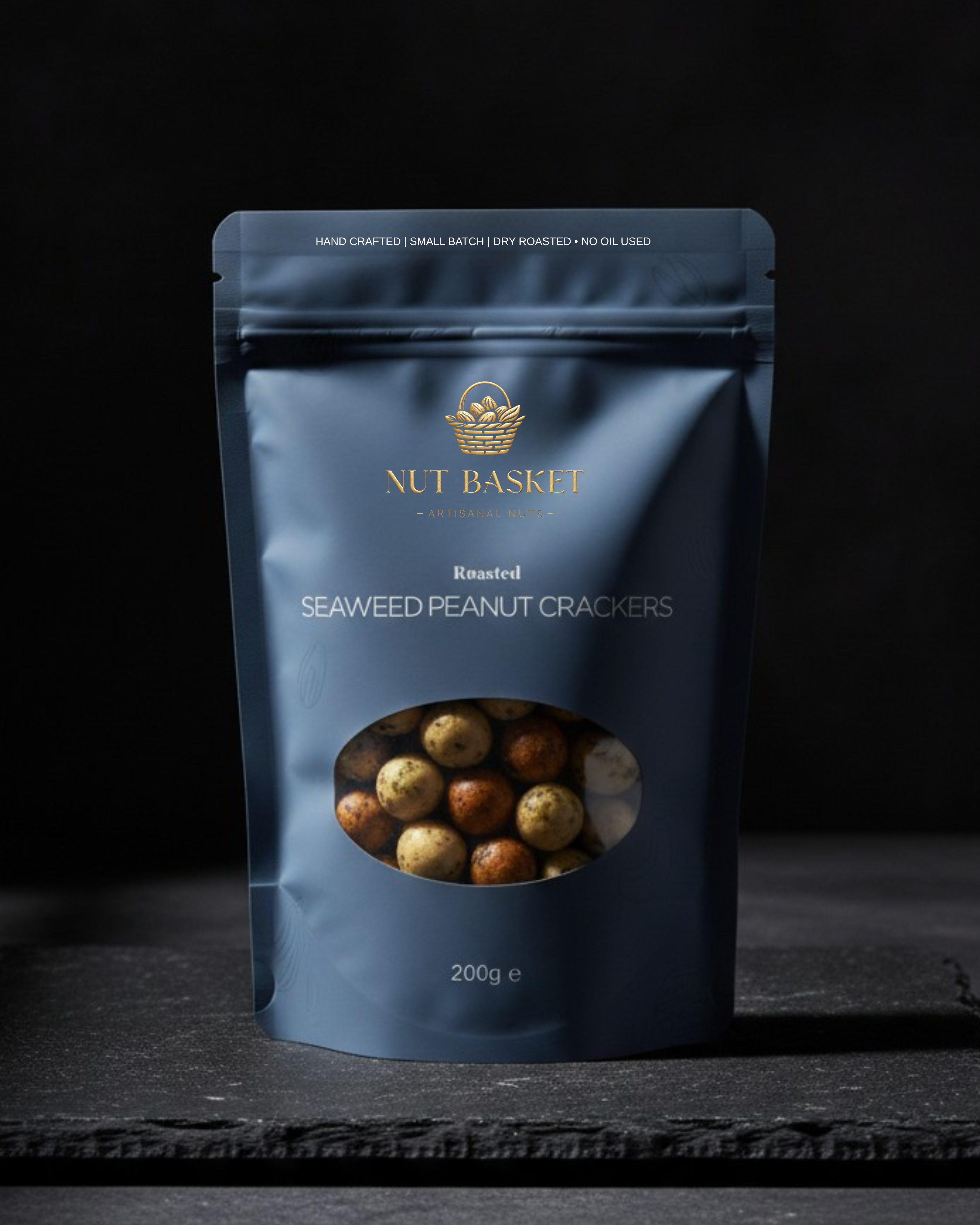 Blue package of Nut Basket Seaweed Peanut Crackers on a dark background