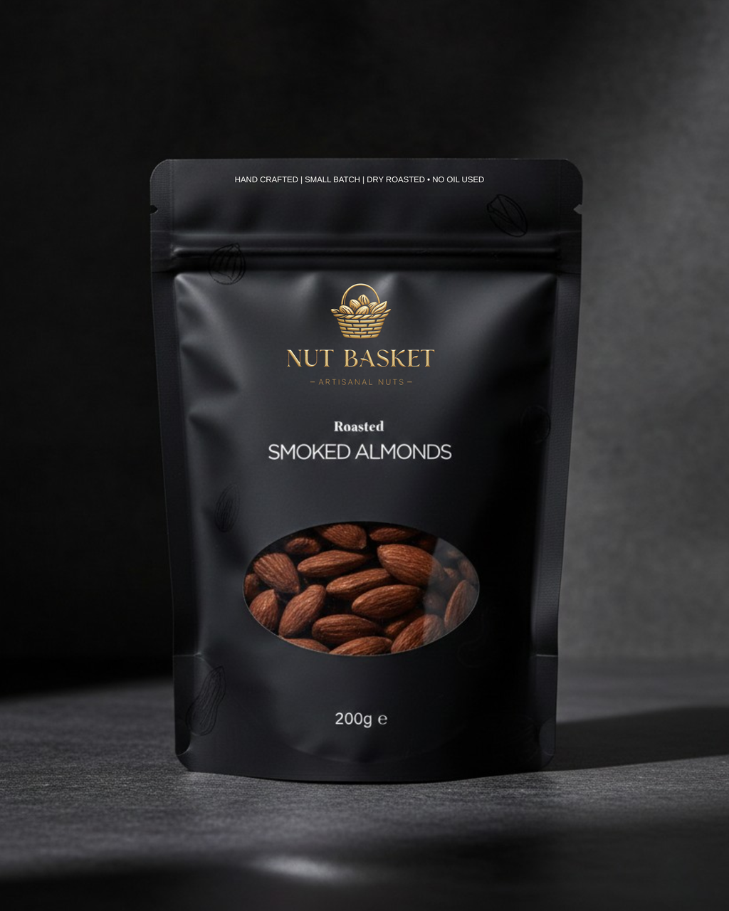 Nut Basket Roasted Smoked Almonds on a dark background