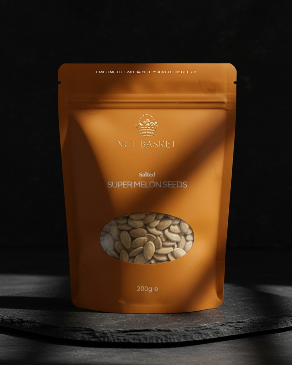 Orange packaging of Nut Basket Super Melon Seeds on a dark background