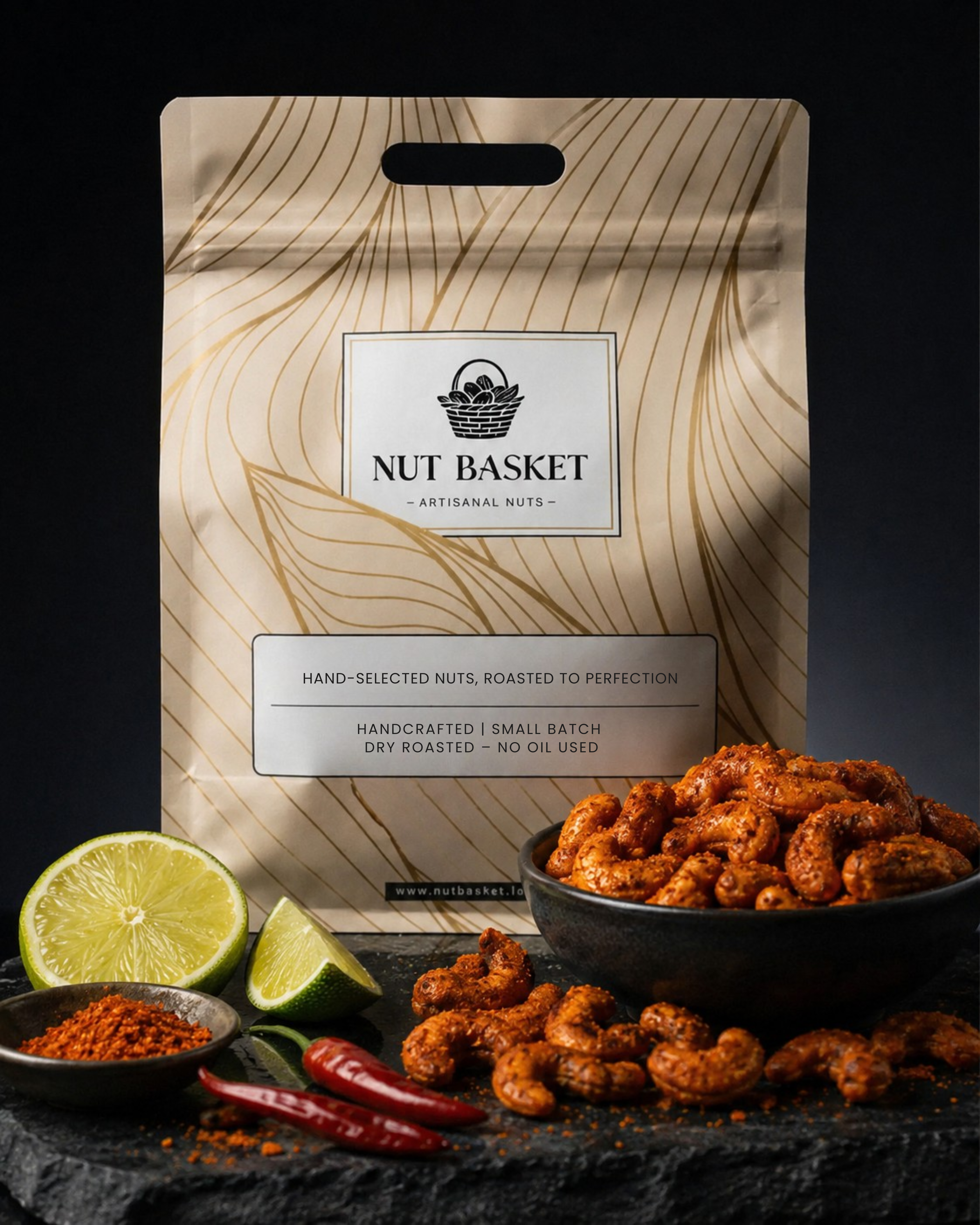 Nut Basket packaging with roasted nuts, lime, and red pepper on a dark background